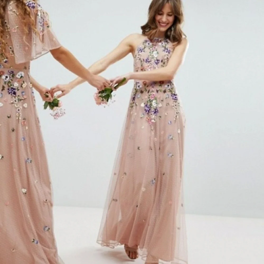 ASOS Dusty Rose Floral Sequin Halter Maxi Dress